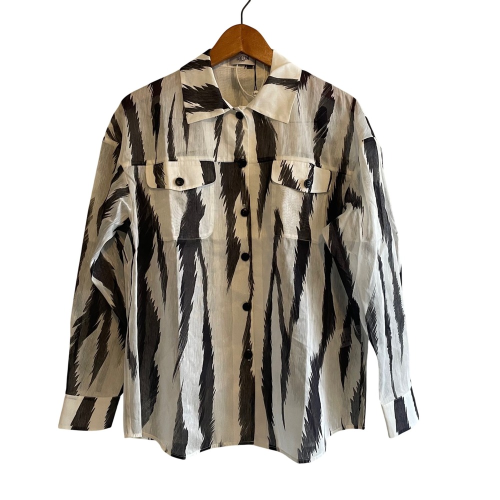 LEO LIN SYDNEY Zebra Print Sheer Linen Blend Button‎ Up Shirt Women's Medium NWT